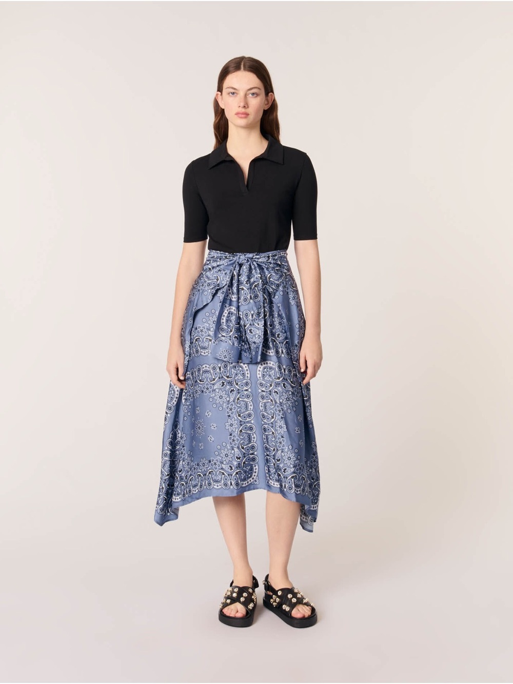 Maje Raprinana Mixed-Media bandana print midi Dress Blue NWT SIZE 10 FR 42